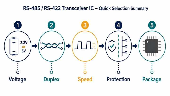 Infographic showing RS-485 transceiver selection checkpoints including voltage, duplex, data rate, ESD, isolation, package and availability