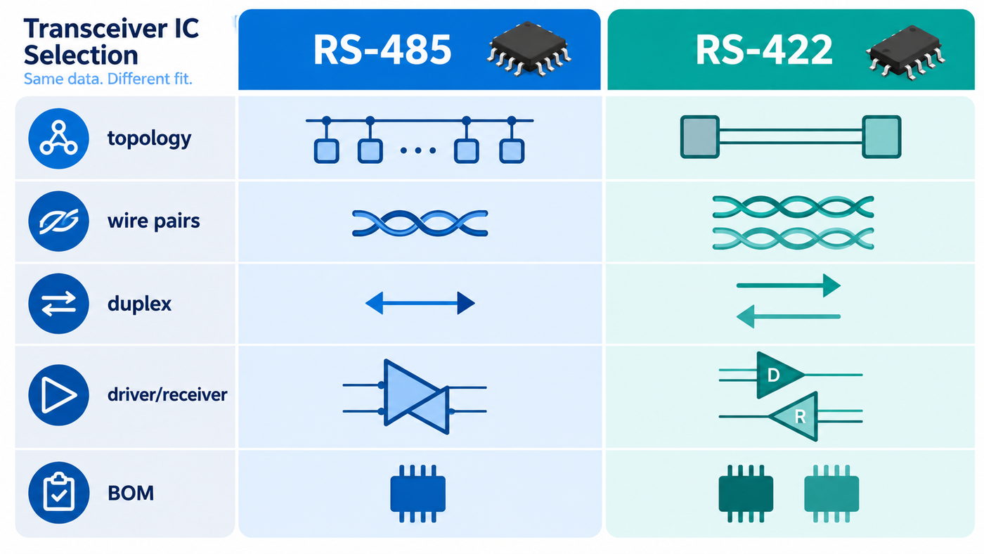 Quick comparison infographic for RS-485 vs RS-422 transceiver IC selection