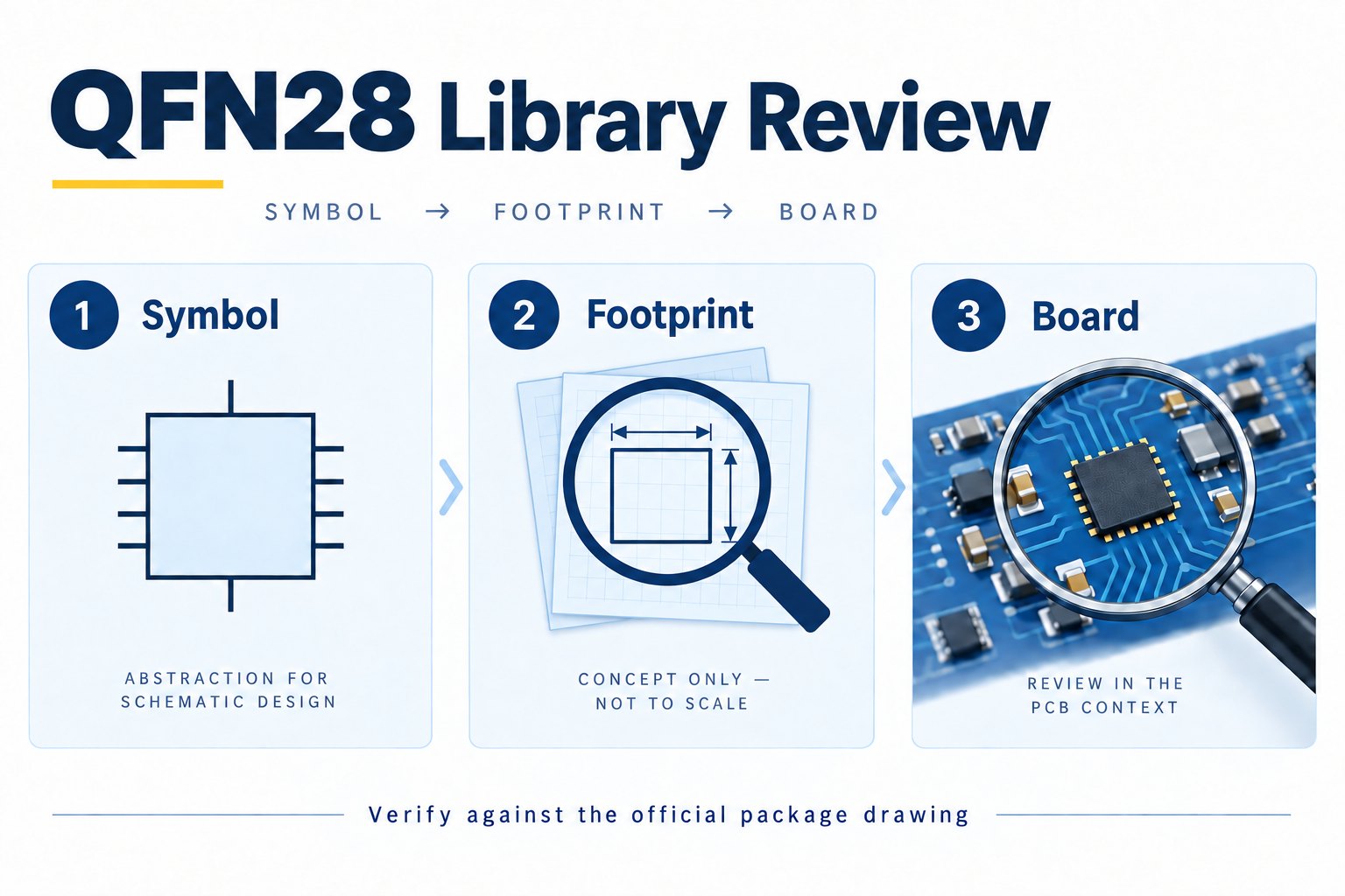 Three QFN28 library checks covering the schematic symbol, PCB footprint and assembled board