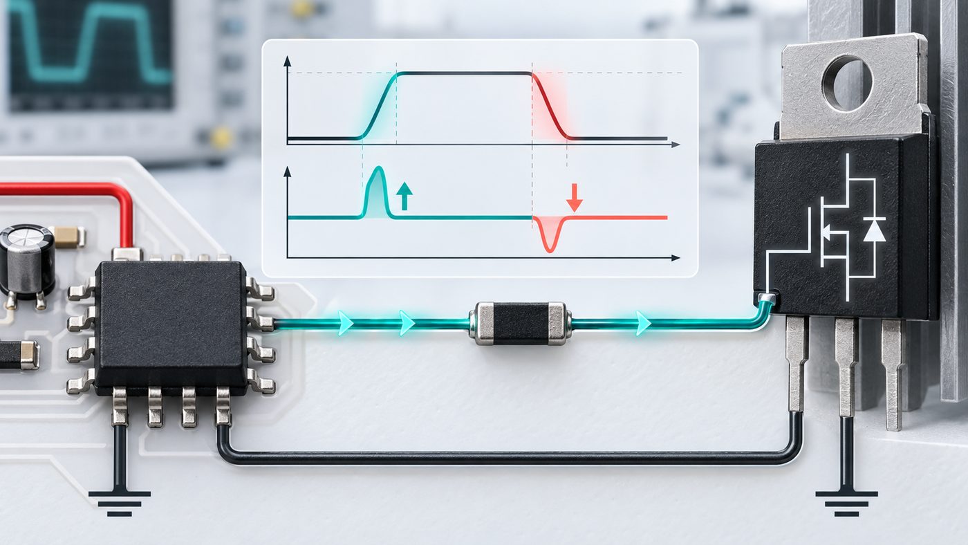 Gate driver IC charging and discharging a MOSFET gate with source and sink current paths