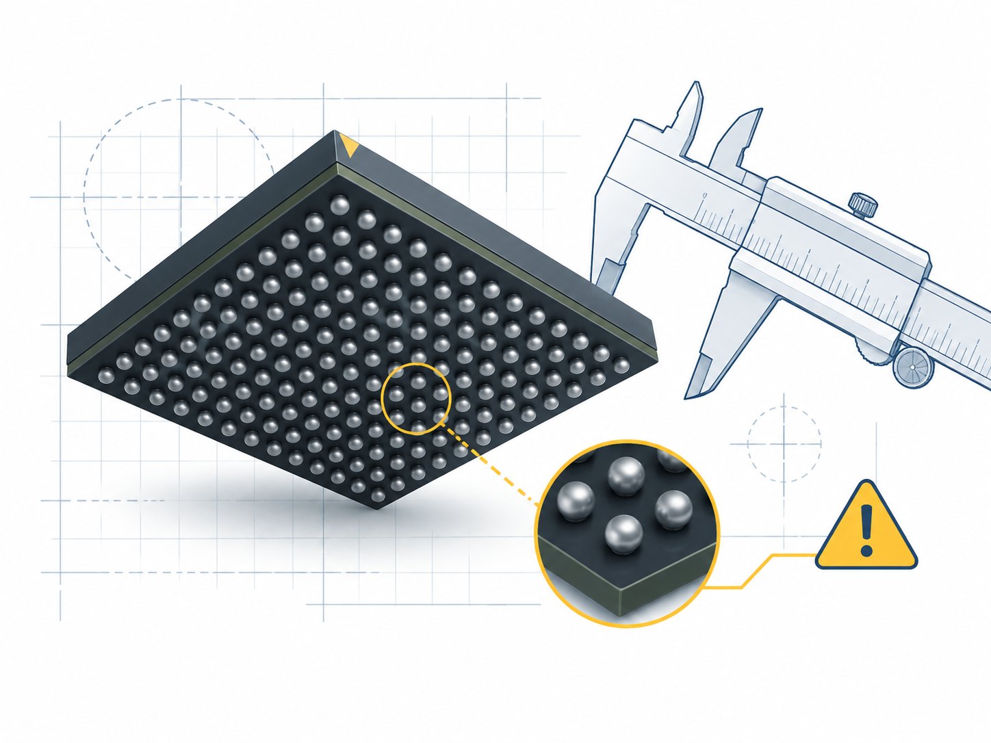 Conceptual BGA package inspection with grid and caliper