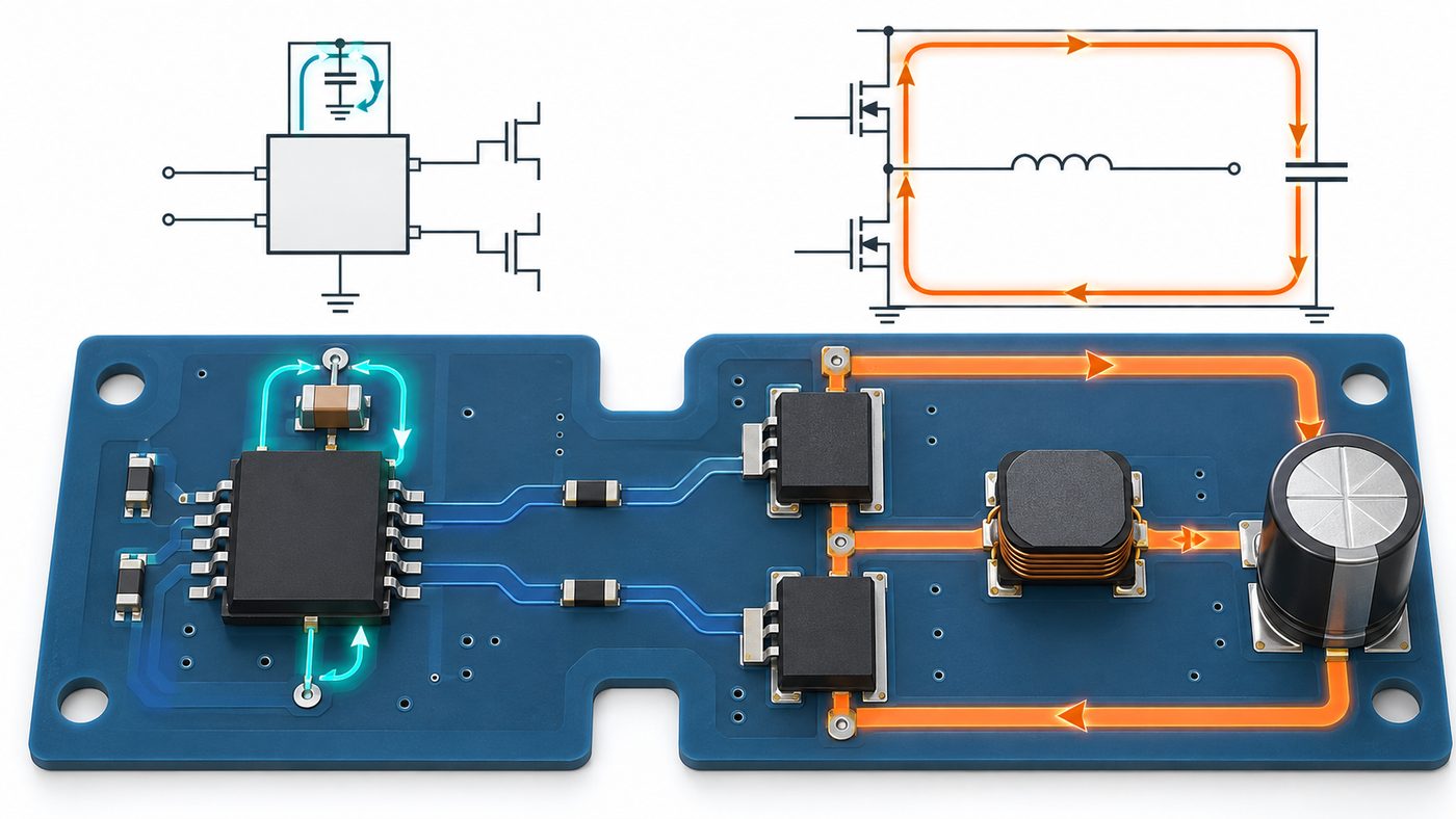 Gate driver local bypass loop separated from a high-current power commutation loop