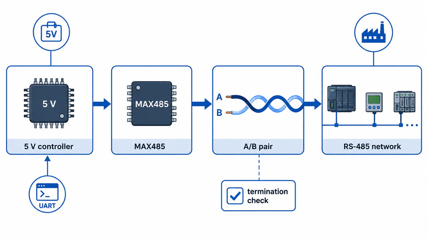 MAX485 5 V RS-485 node with controller A B pair network and termination check