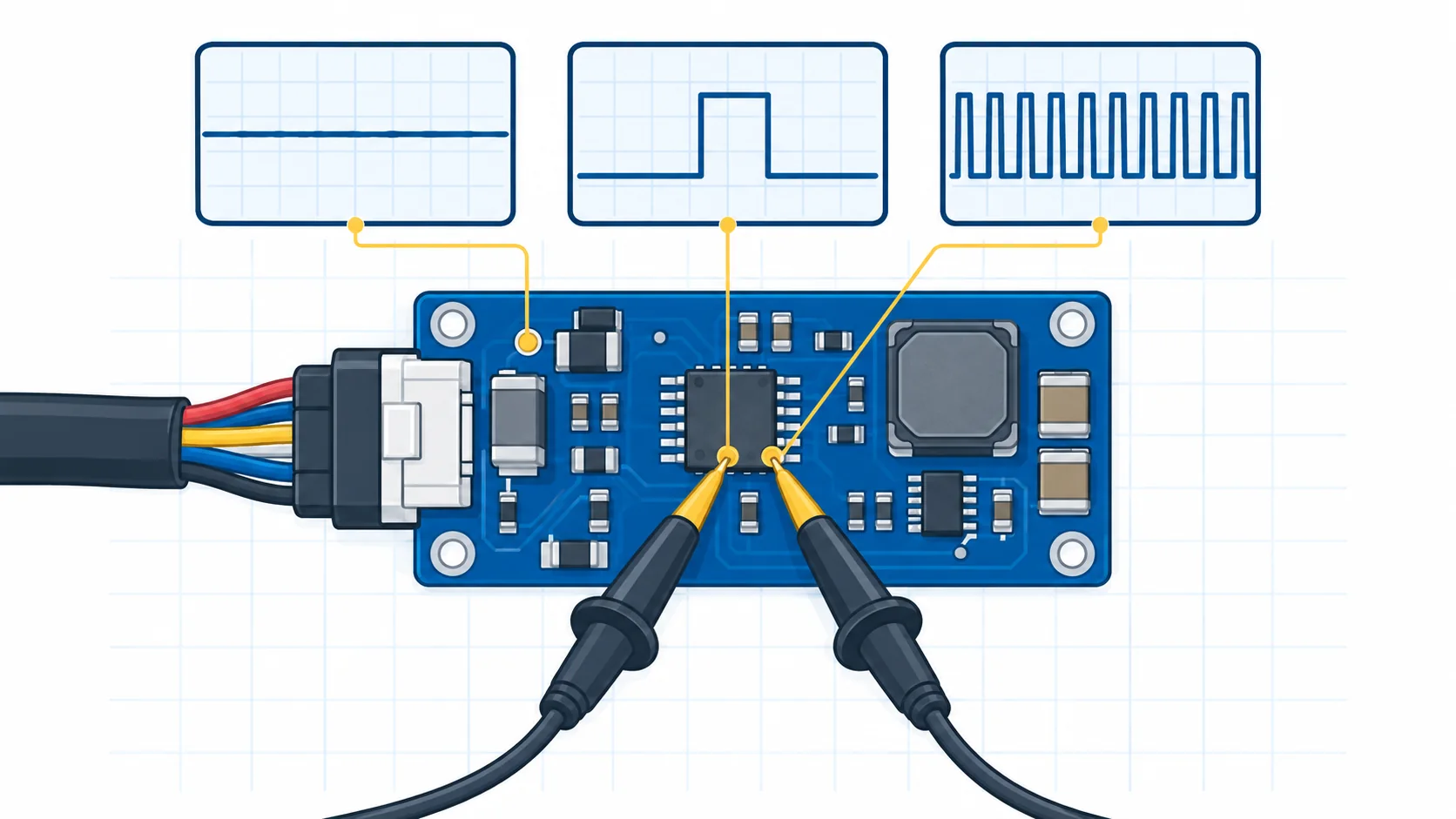 Conceptual MP1584 diagnostic setup with harness, test probes, and input enable switching waveform checkpoints