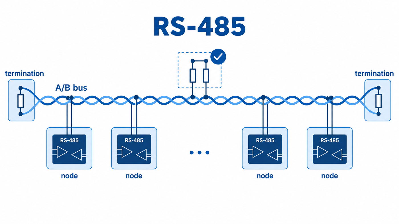 RS-485 bus topology infographic with A B differential pair nodes and termination checks