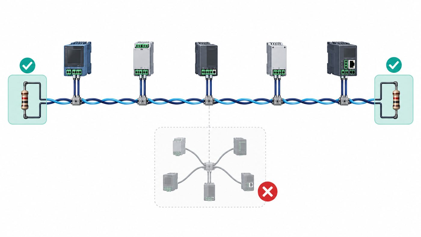 RS-485 termination infographic showing a daisy-chain bus, electrical endpoints, short stubs, and two A-B terminators