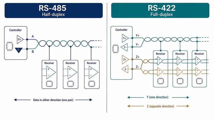 Infographic comparing RS-485 multidrop half duplex bus and RS-422 point to point or multidrop receiver topology