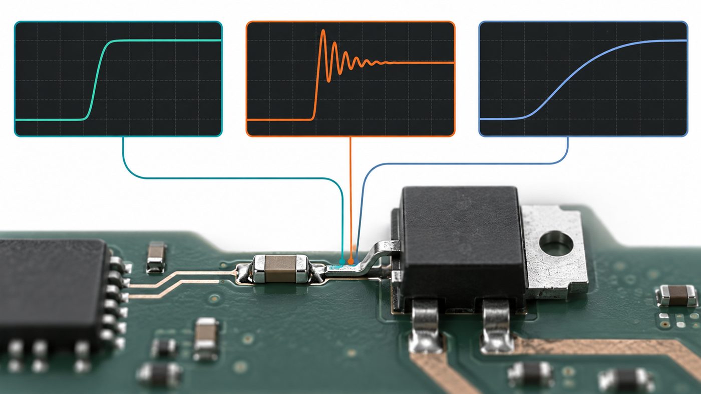 Gate resistor placement and waveform trade-off between ringing, switching speed, and noise