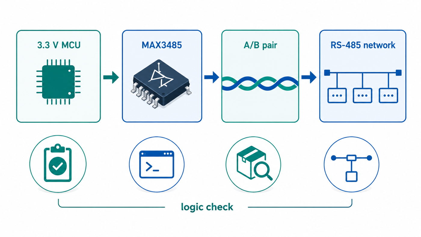 MAX3485 3.3 V RS-485 node with MCU transceiver A B pair and logic check