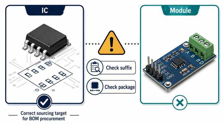 Infographic explaining the difference between sourcing a MAX485 transceiver IC and buying a MAX485 module board