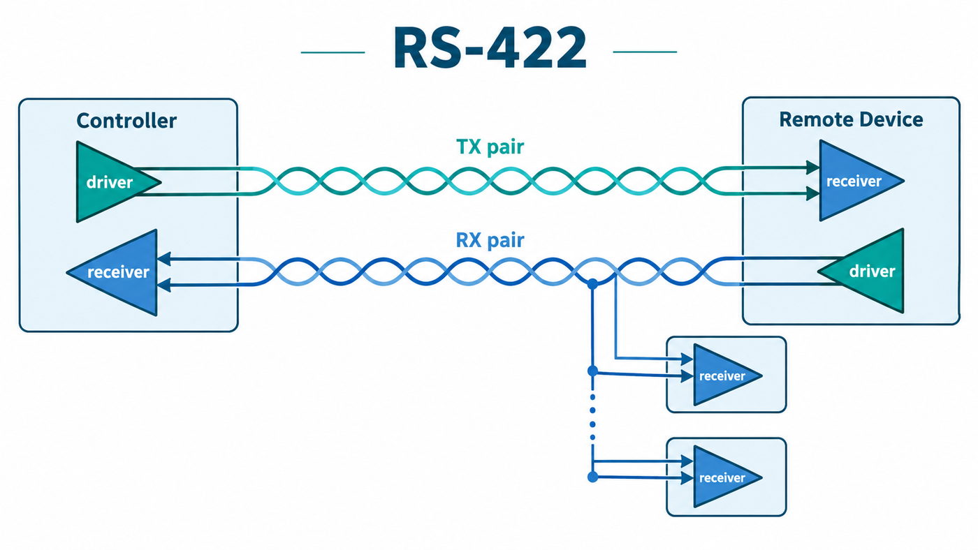 RS-422 full-duplex link infographic with TX pair RX pair driver and receiver roles