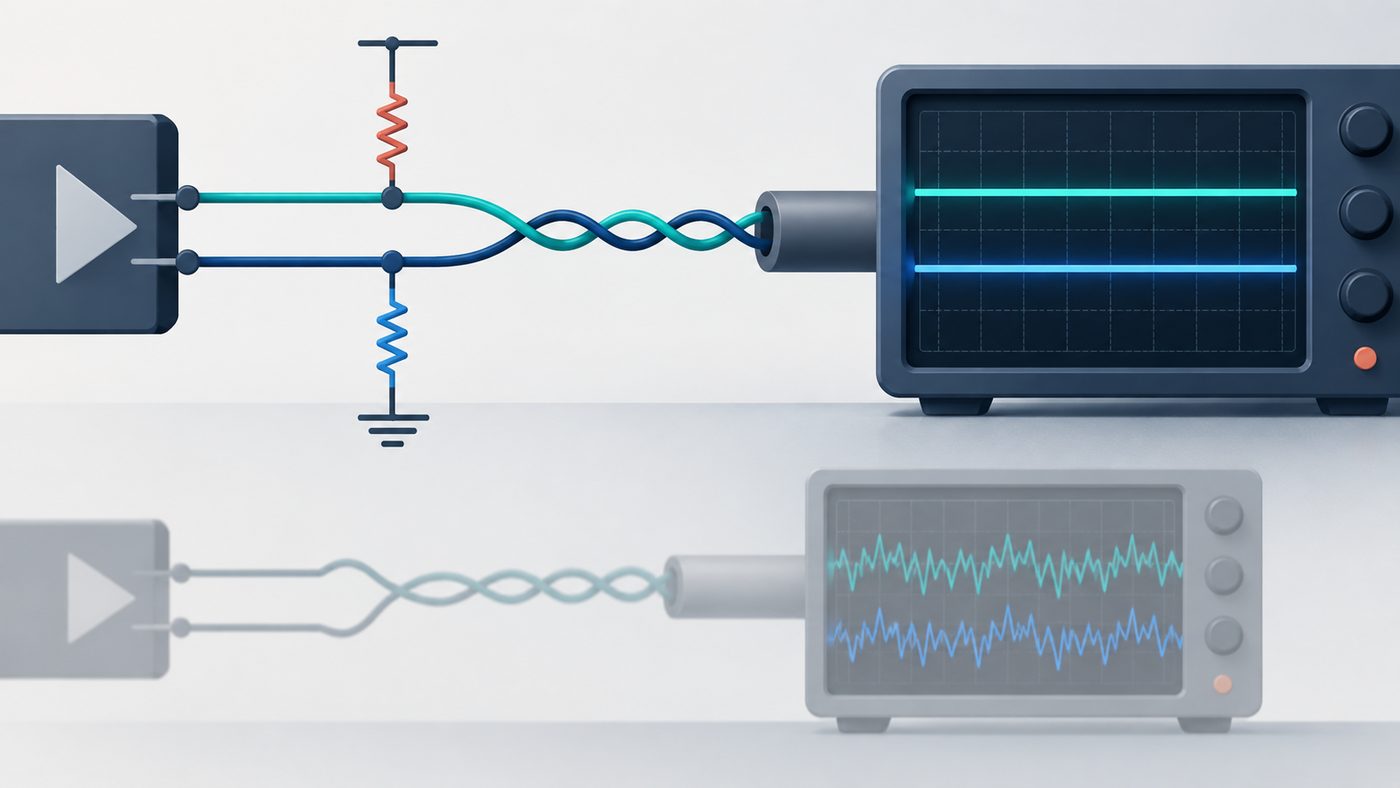 RS-485 failsafe biasing infographic showing a defined idle differential pair and an oscilloscope view