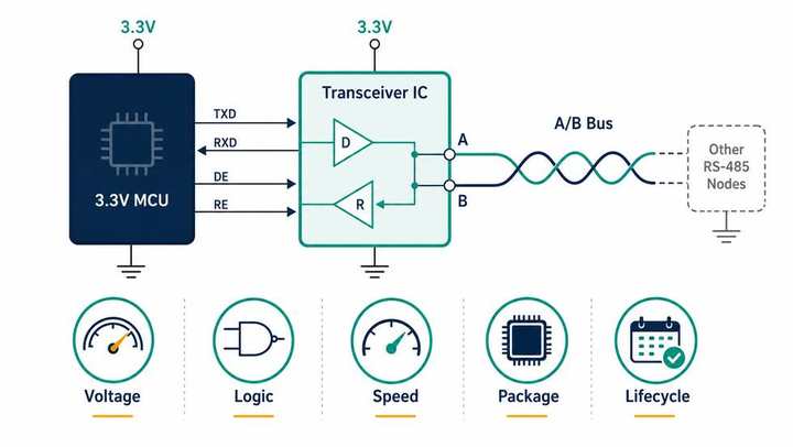 Infographic showing MAX3485 and SP3485 selection for 3.3 V RS-485 systems with package and protection checks