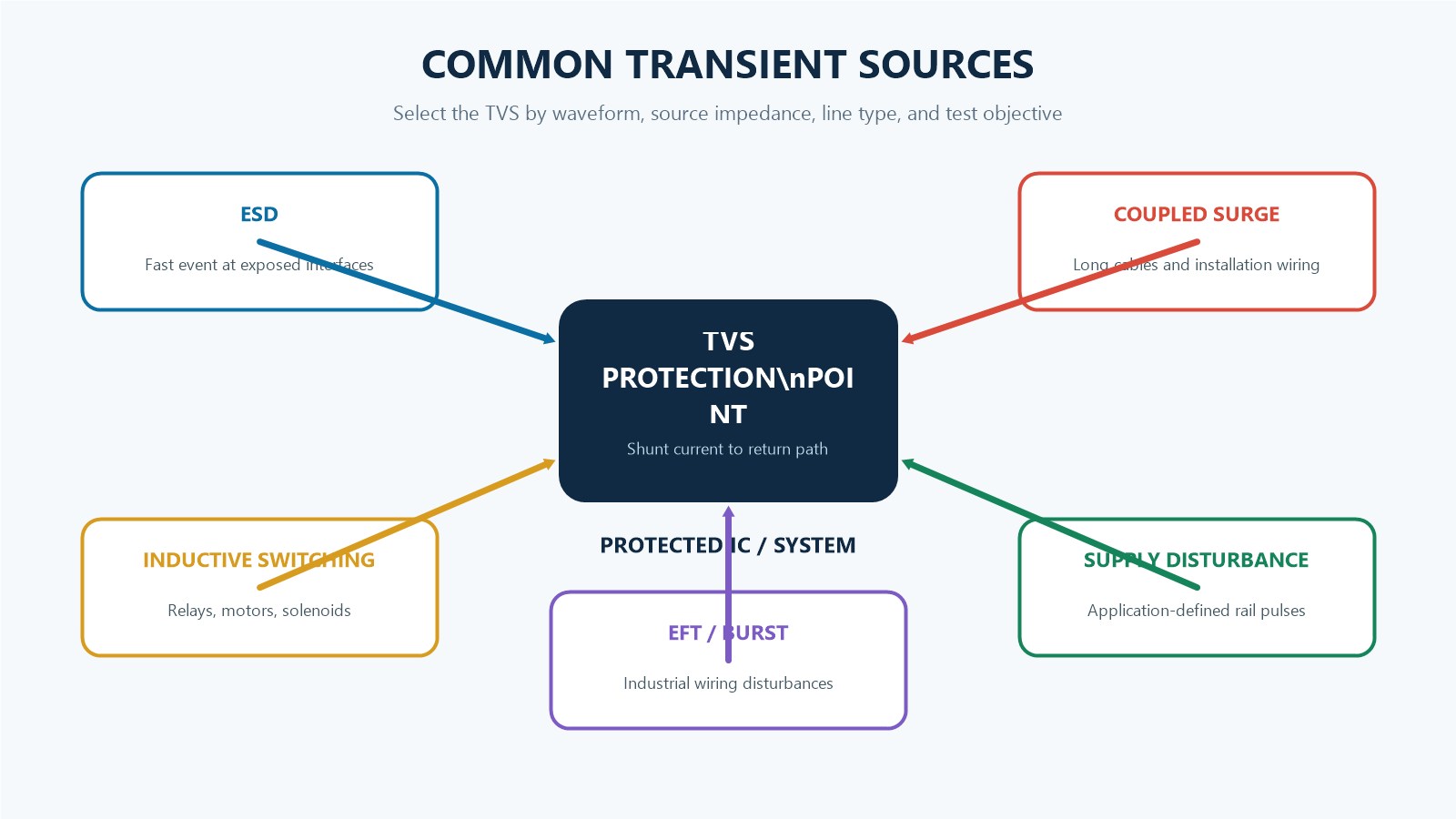 Common transient sources protected by TVS diodes including ESD switching EFT and coupled surge