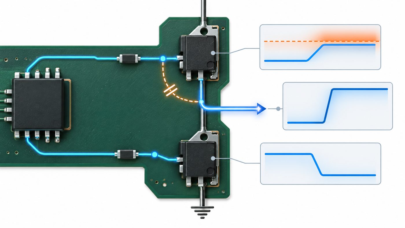 Half bridge MOSFET pair showing Miller coupling and off-state gate voltage rise