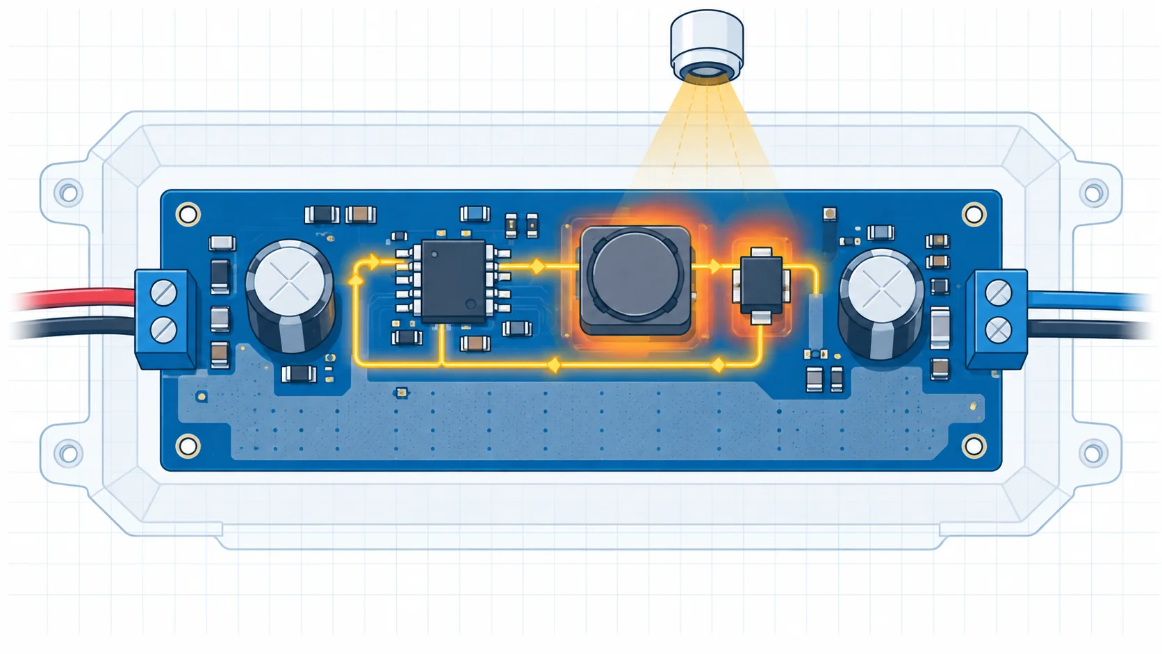 Conceptual buck converter PCB thermal and power-loop review with an input, inductor, diode, capacitors, heat zones, and enclosure outline