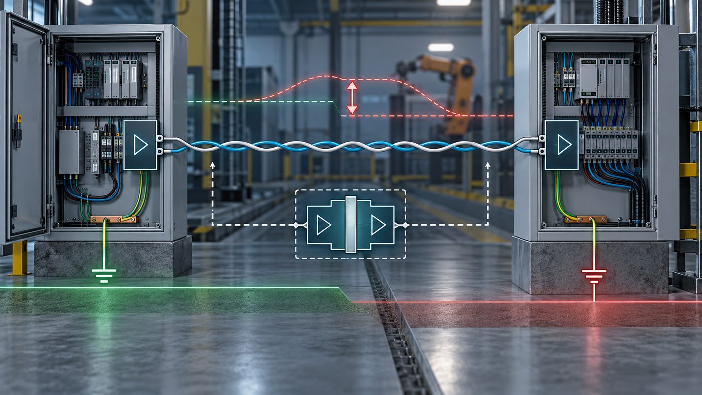 RS-485 common-mode and isolation infographic showing two industrial control cabinets with a differential cable and ground-potential difference