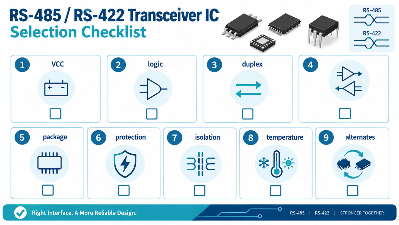 RS-485 and RS-422 transceiver IC selection checklist for VCC logic duplex package protection and alternates