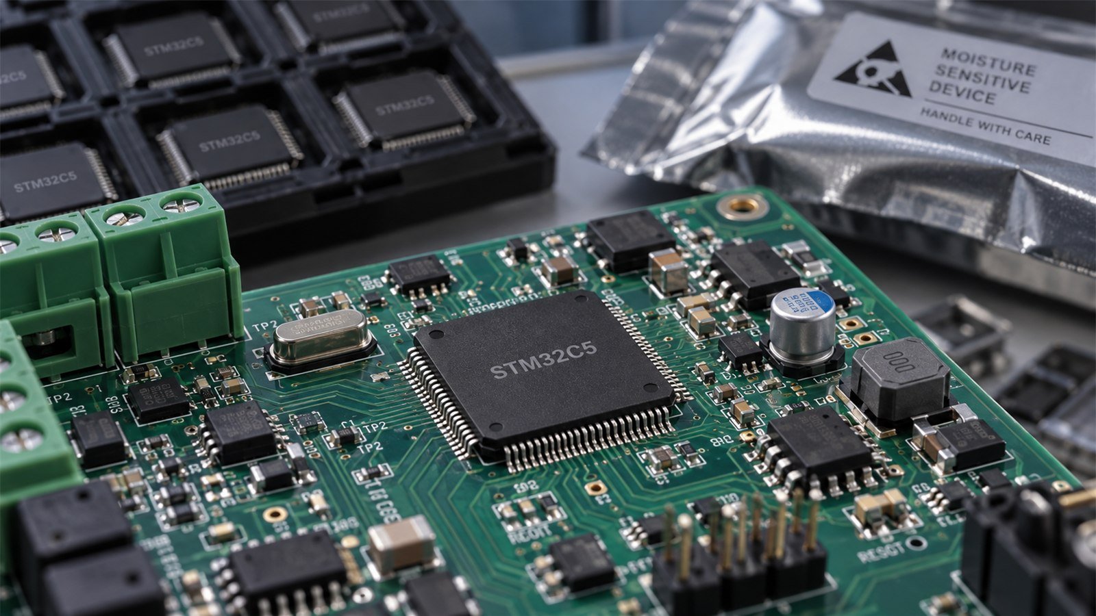 STM32C5 microcontroller on an industrial control board with antistatic packaging