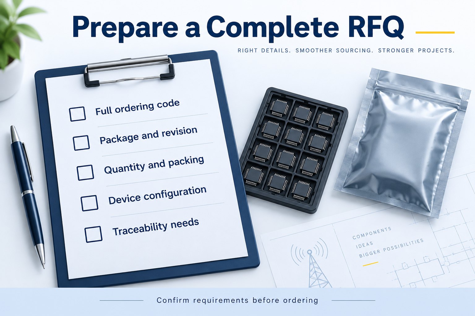 Component RFQ checklist beside a generic chip tray and antistatic packaging