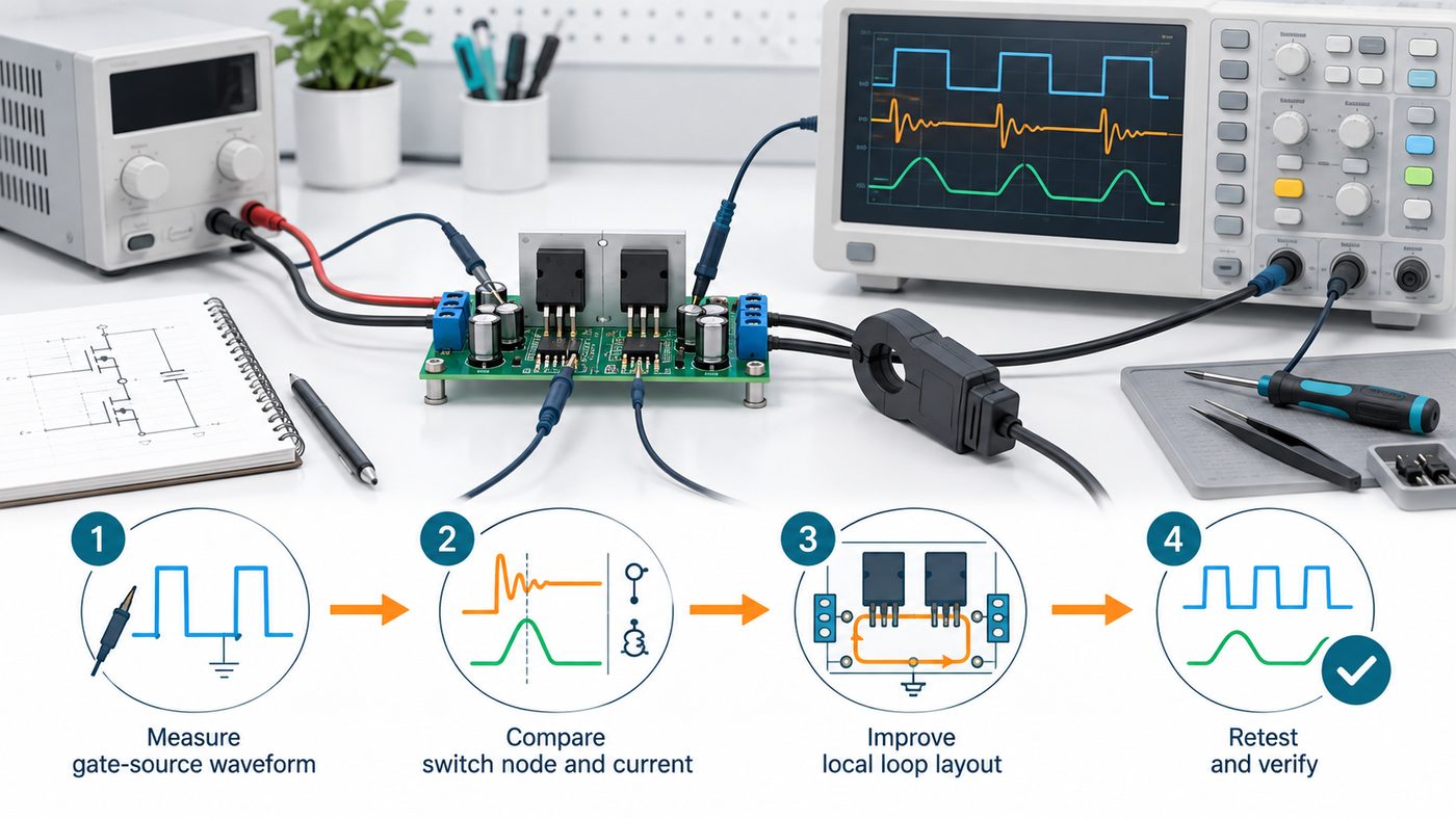Engineering bench checklist with MOSFET gate waveform, switch node, current waveform, and layout review
