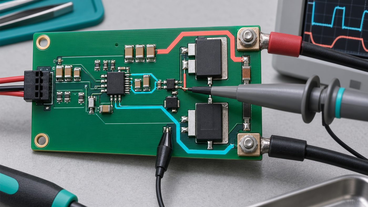 Compact gate driver PCB with local decoupling, short gate loop, controlled return path, and oscilloscope probe