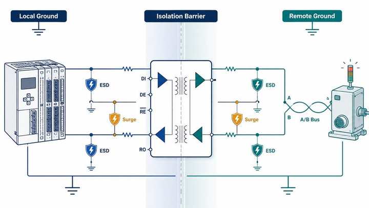 Infographic showing isolated RS-485 transceiver protection elements including isolation barrier, TVS diode, termination and failsafe bias