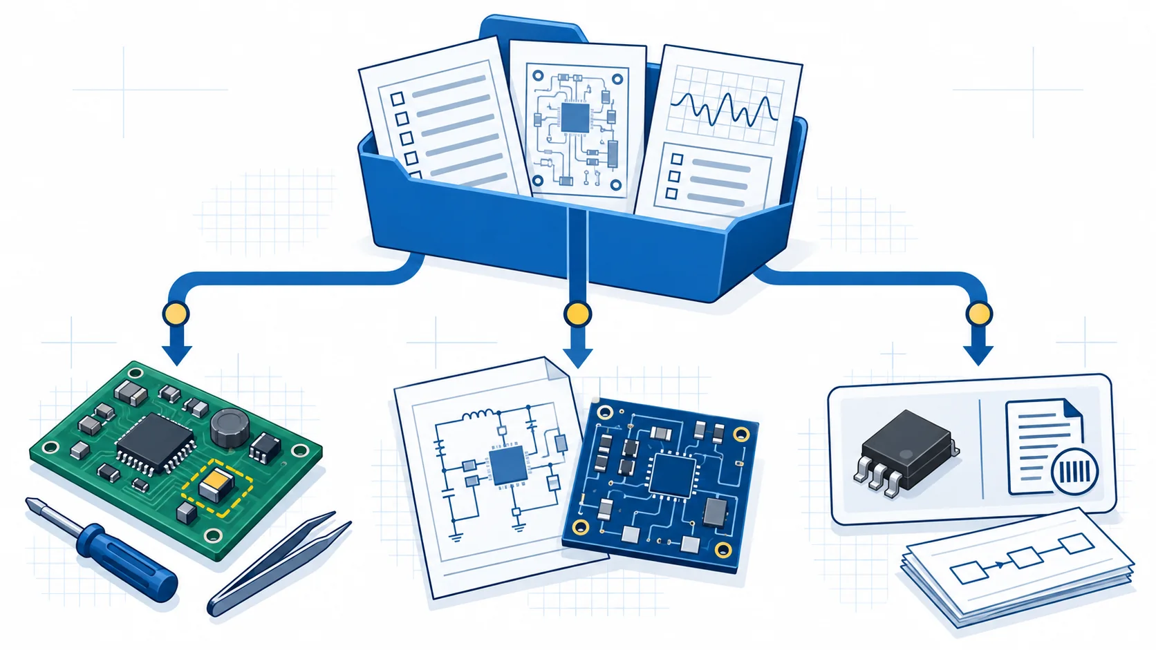 Conceptual MP1584 B2B review package with BOM, board revision, test evidence, repair, redesign, and exact-part sourcing paths