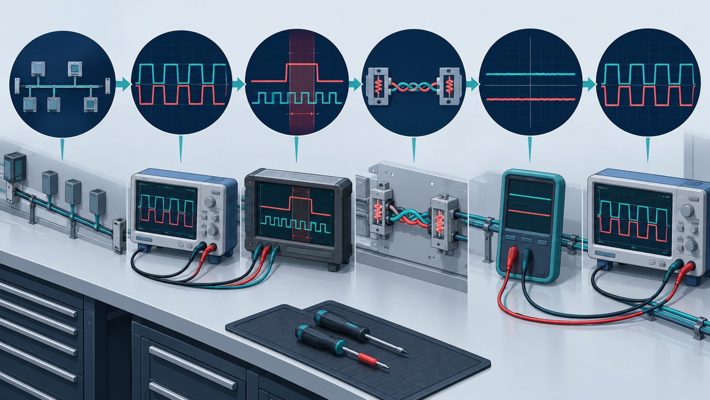 RS-485 field repair checklist infographic with topology, waveform, termination, biasing, grounding, and retest visual steps