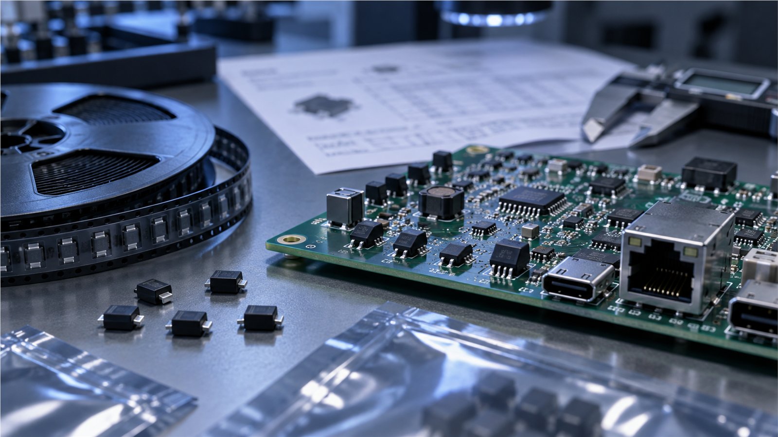 TVS diode component reel PCB and incoming inspection for BOM sourcing