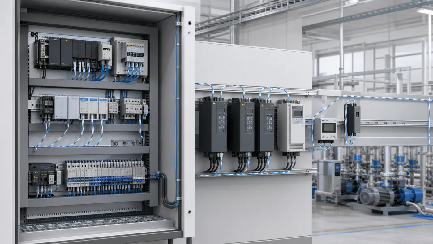 Industrial control cabinets, motor drives and instrumentation connected in an automation environment