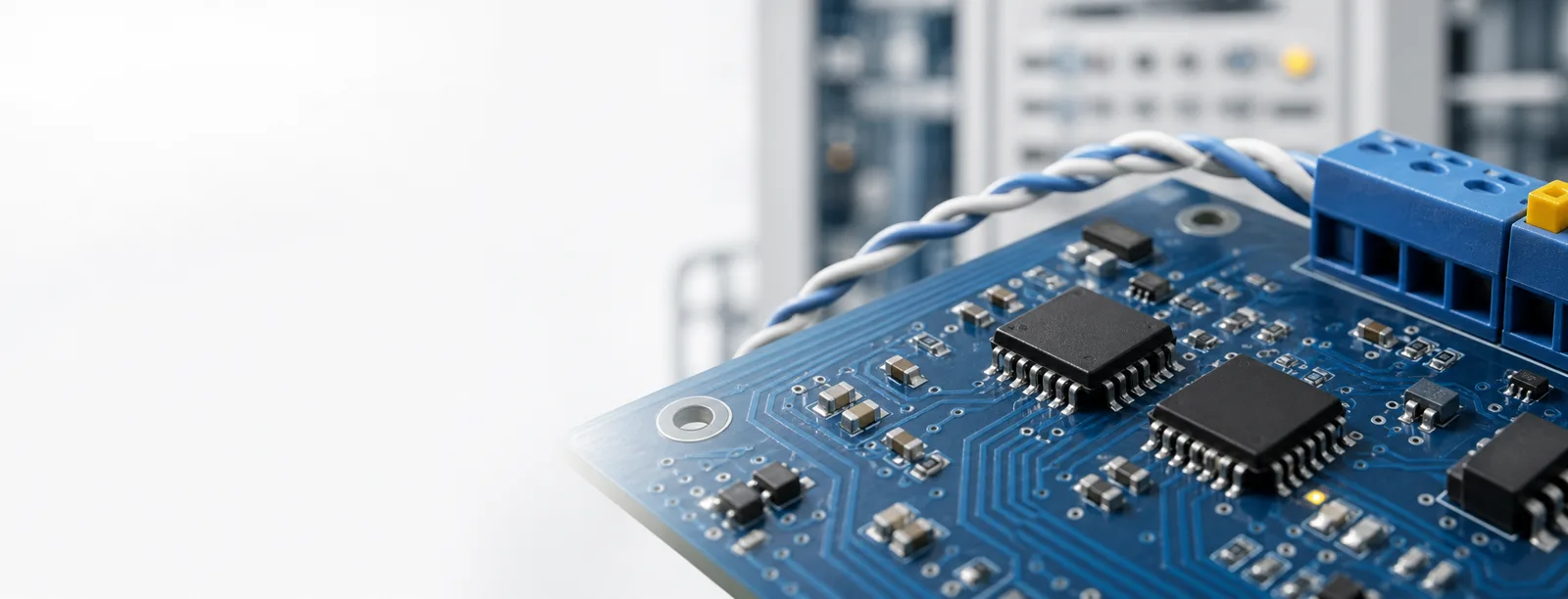 Generic transceiver integrated circuits on a blue industrial communication circuit board