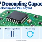 A generic IC with a nearby ceramic capacitor and four review topics: transient current, effective capacitance, current loop and verification.
