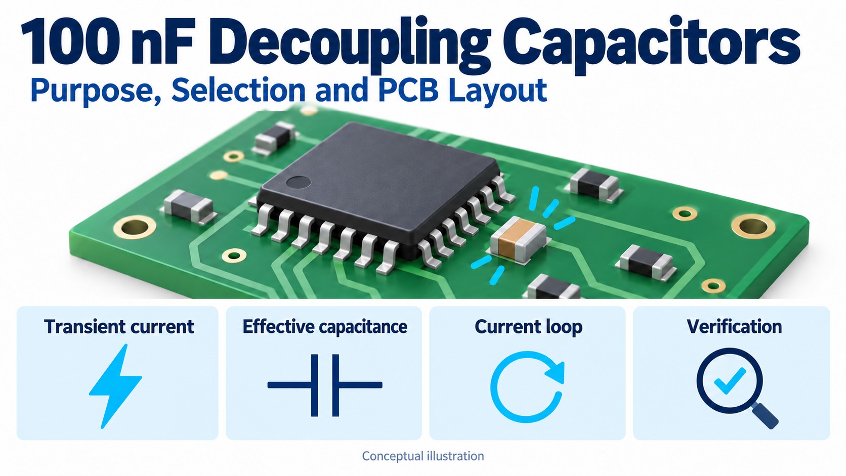 A generic IC with a nearby ceramic capacitor and four review topics: transient current, effective capacitance, current loop and verification.