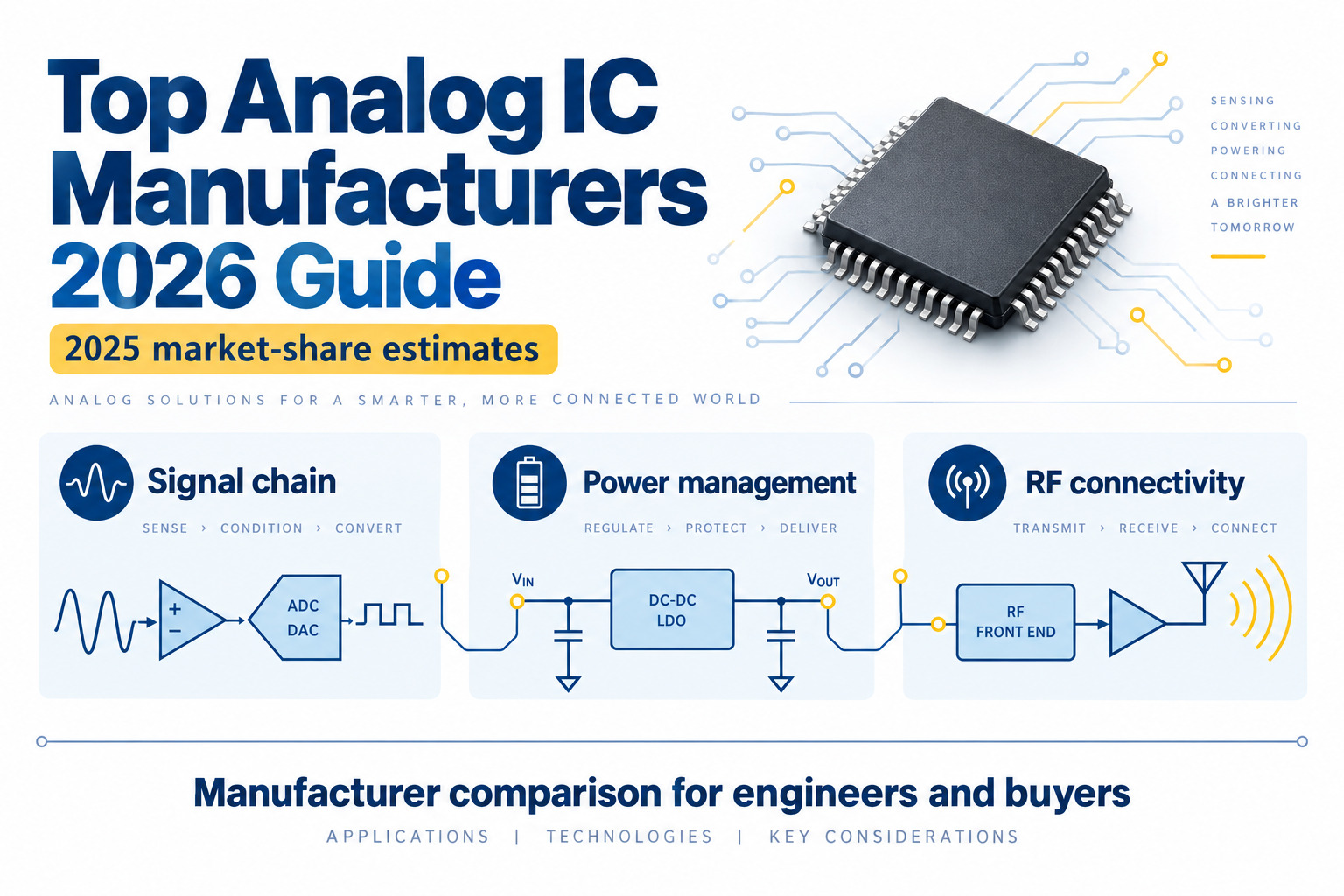 2026 analog IC manufacturer guide covering signal chain, power management and RF connectivity