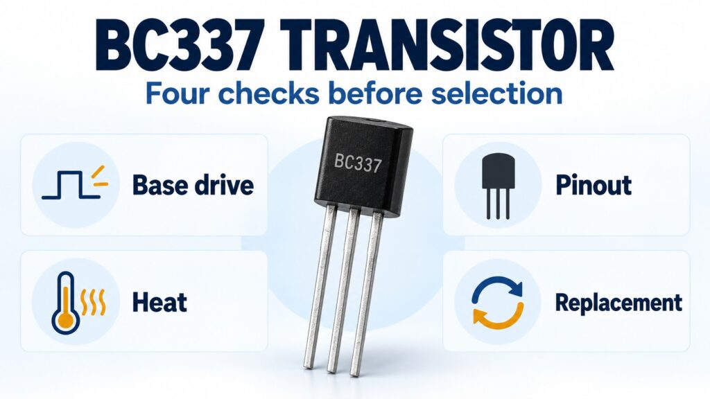BC337 transistor beside four selection checks for base drive, pinout, heat and replacement