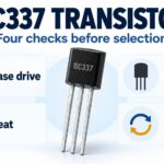 BC337 transistor beside four selection checks for base drive, pinout, heat and replacement