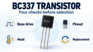 BC337 transistor beside four selection checks for base drive, pinout, heat and replacement
