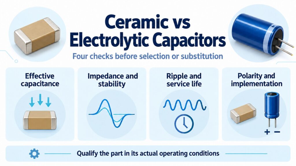 Ceramic and aluminum capacitor illustrations with four checks for selection and substitution