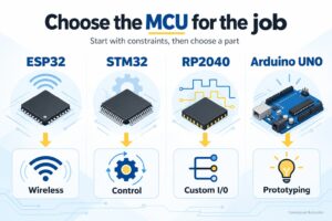 Four conceptual chip and board illustrations connect ESP32, STM32, RP2040 and Arduino UNO to wireless, control, custom I/O and prototyping.