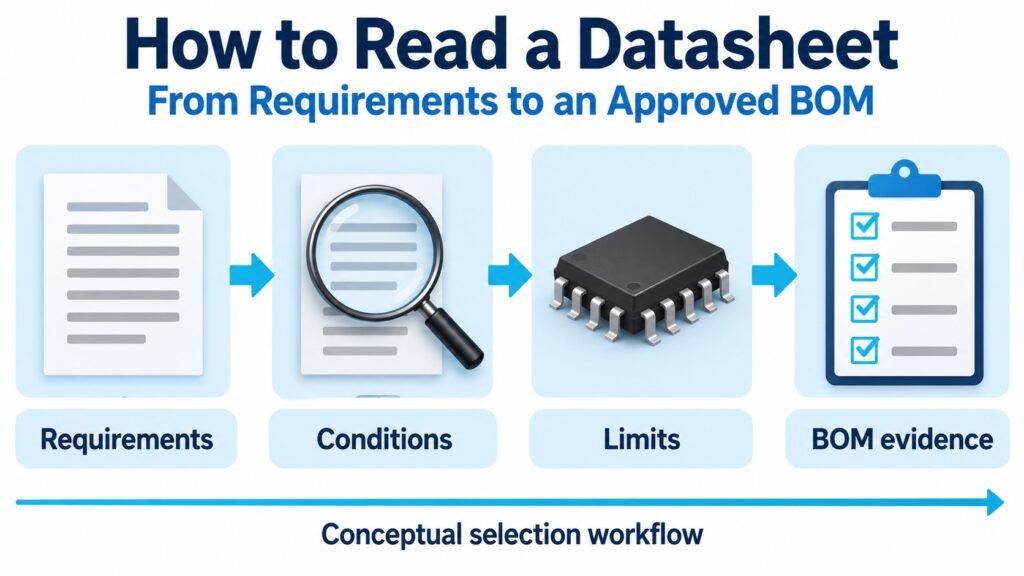 Conceptual cover connecting a generic component datasheet to requirements, conditions, limits and an approved BOM.