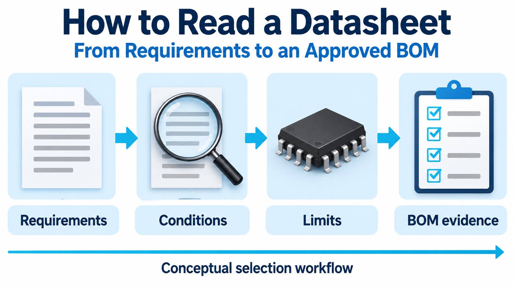 Conceptual cover connecting a generic component datasheet to requirements, conditions, limits and an approved BOM.
