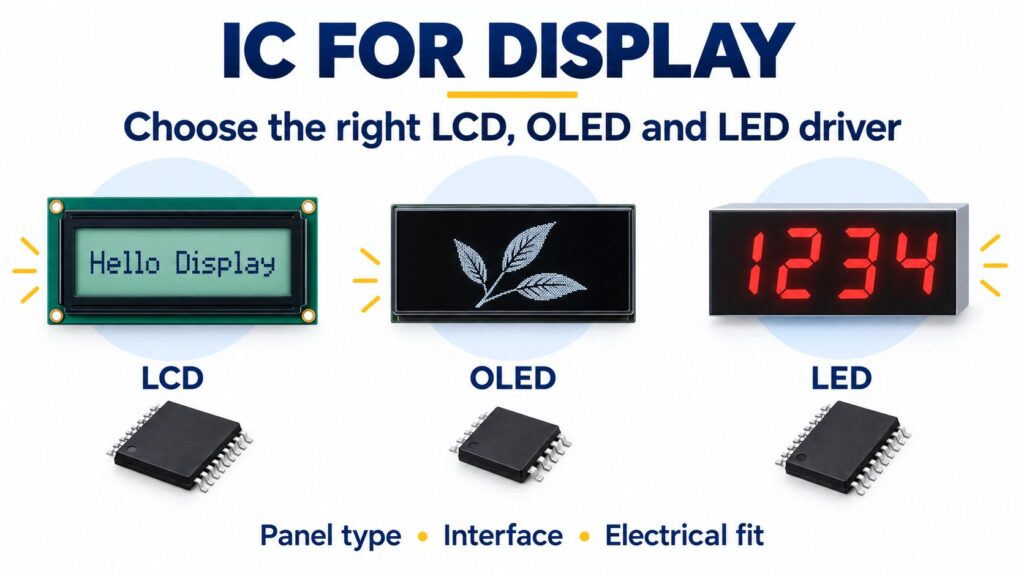 LCD, OLED and LED display technologies with the IC roles used to control and drive them