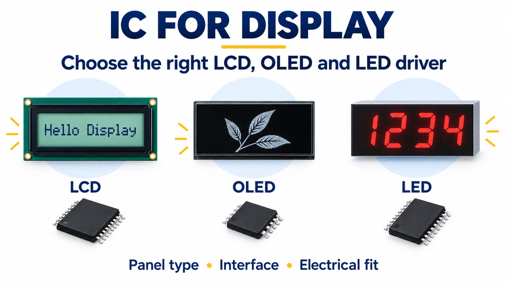 LCD, OLED and LED display technologies with the IC roles used to control and drive them