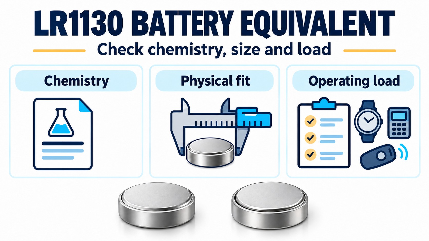 LR1130 replacement overview highlighting chemistry, physical fit and operating load