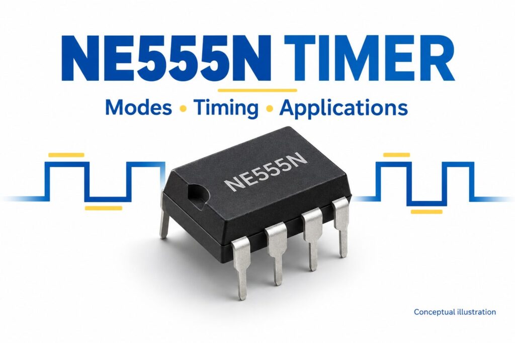 Conceptual NE555N DIP timer package with square-wave motifs and the words Modes, Timing, Applications.