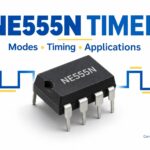 Conceptual NE555N DIP timer package with square-wave motifs and the words Modes, Timing, Applications.