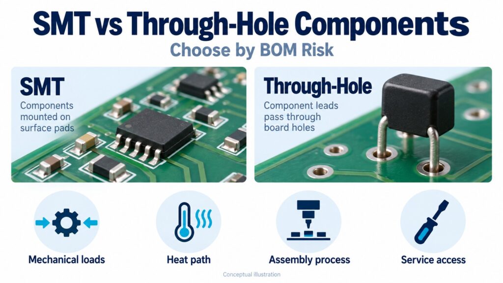 SMT and through-hole components with a BOM review covering mechanics, heat, assembly and service.
