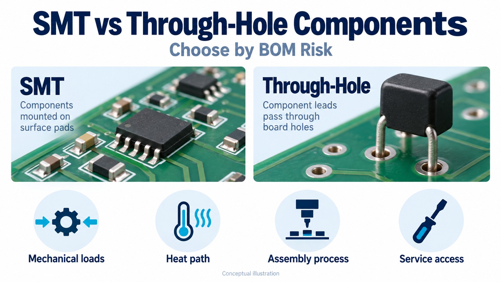 SMT and through-hole components with a BOM review covering mechanics, heat, assembly and service.