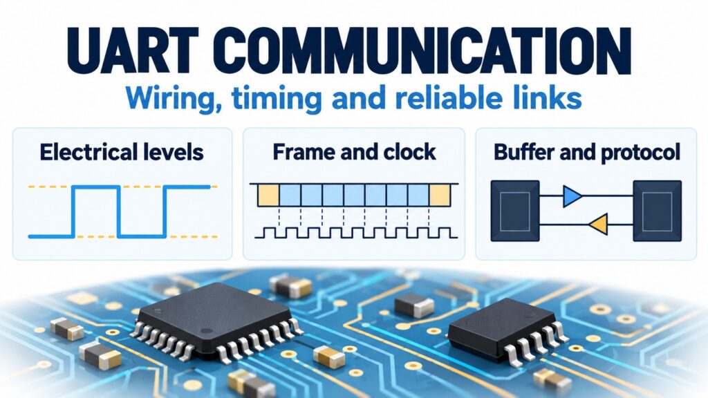 UART communication infographic highlighting electrical levels, timing and receive capacity